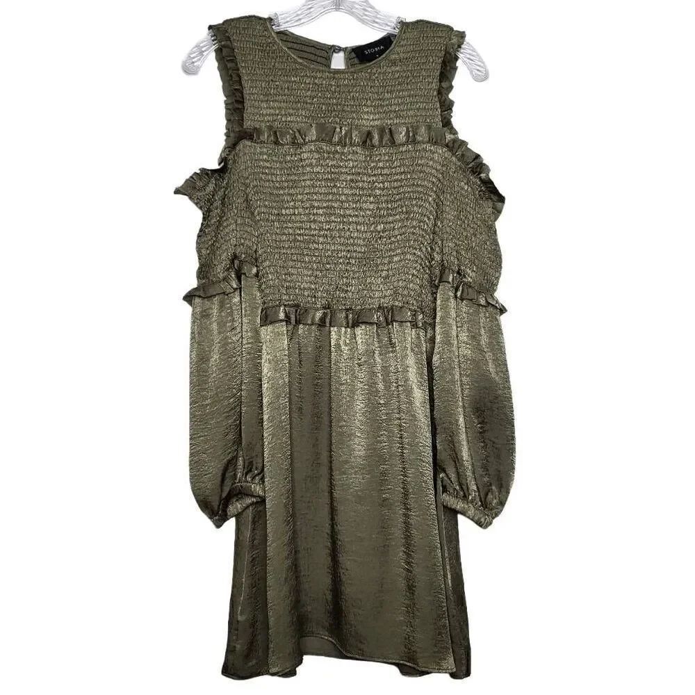 NEW STORIA Olive Green Cold Shoulder Balloon Sleeves Ruffle Mini Dress Medium